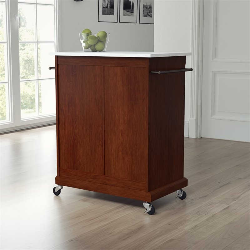 Pemberly Row Wood/Granite Kitchen Cart with Drawer in Mahogany
