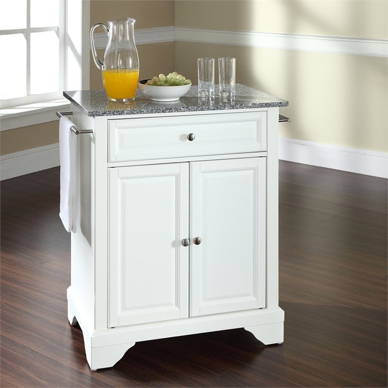 Pemberly Row Gray Granite Top Portable Kitchen Island in White
