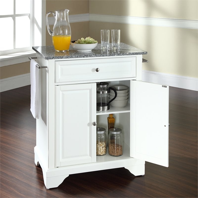 Pemberly Row Gray Granite Top Portable Kitchen Island in White