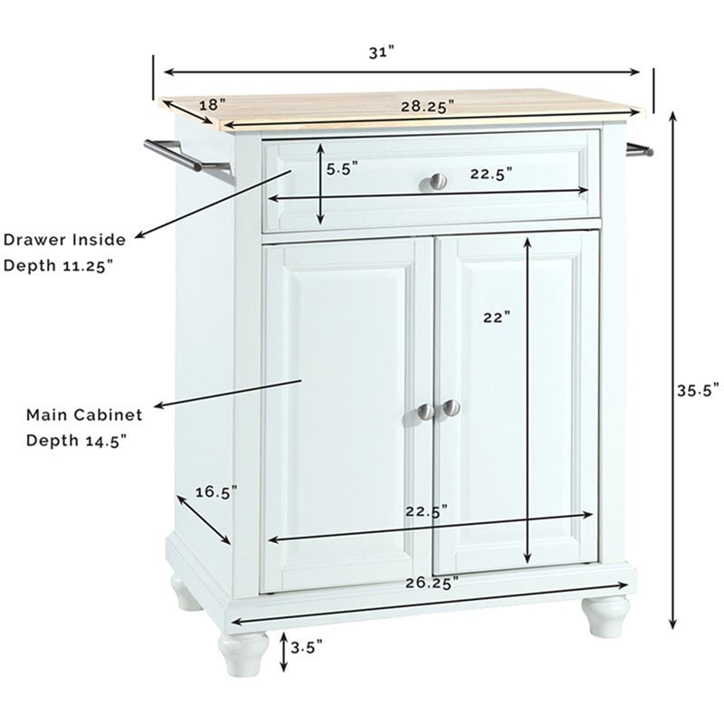 Pemberly Row Natural Wood Top Portable Kitchen Island in White