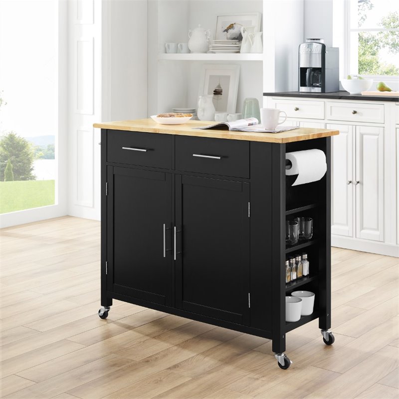 Pemberly Row Contemporary Wood Top Kitchen Island Cart in Black