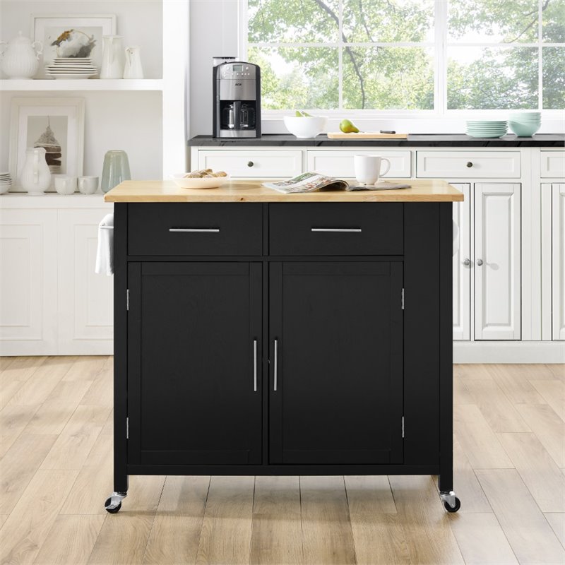 Pemberly Row Contemporary Wood Top Kitchen Island Cart in Black