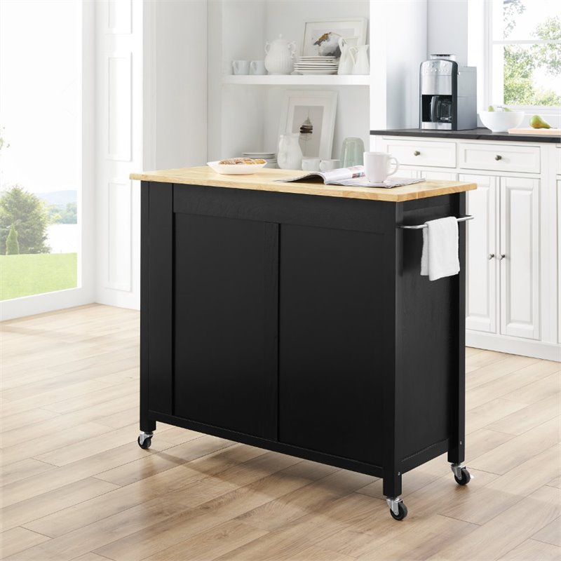 Pemberly Row Contemporary Wood Top Kitchen Island Cart in Black