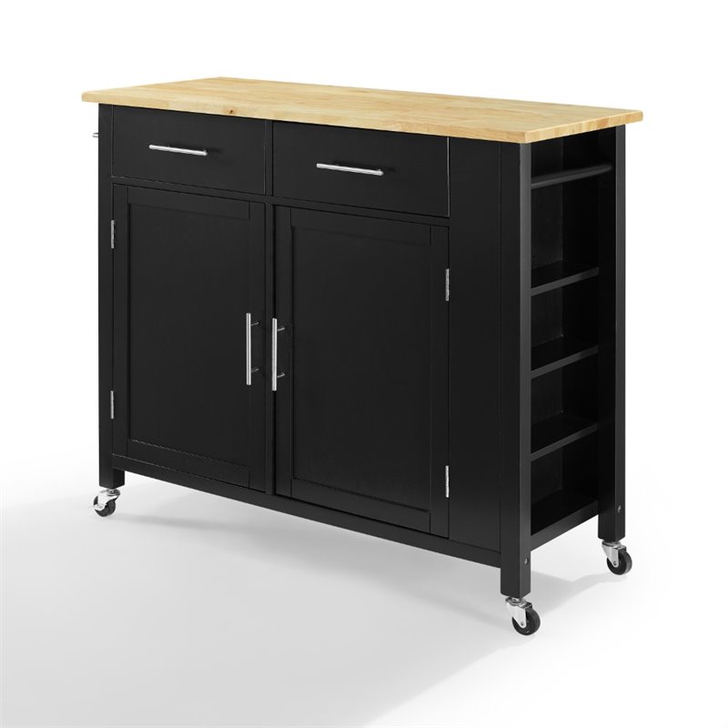 Pemberly Row Contemporary Wood Top Kitchen Island Cart in Black