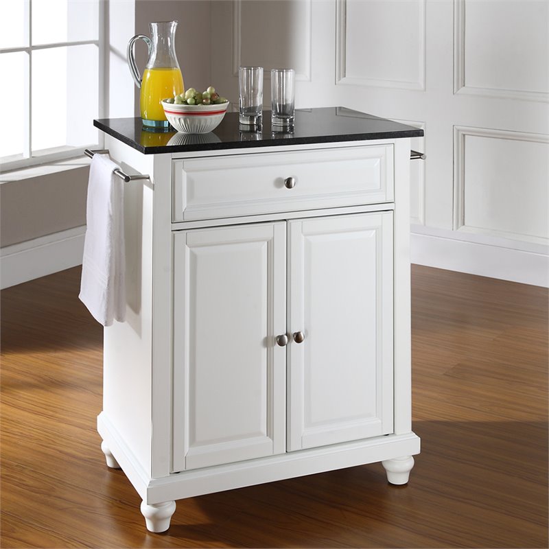 Pemberly Row Black Granite Top Portable Kitchen Island in White