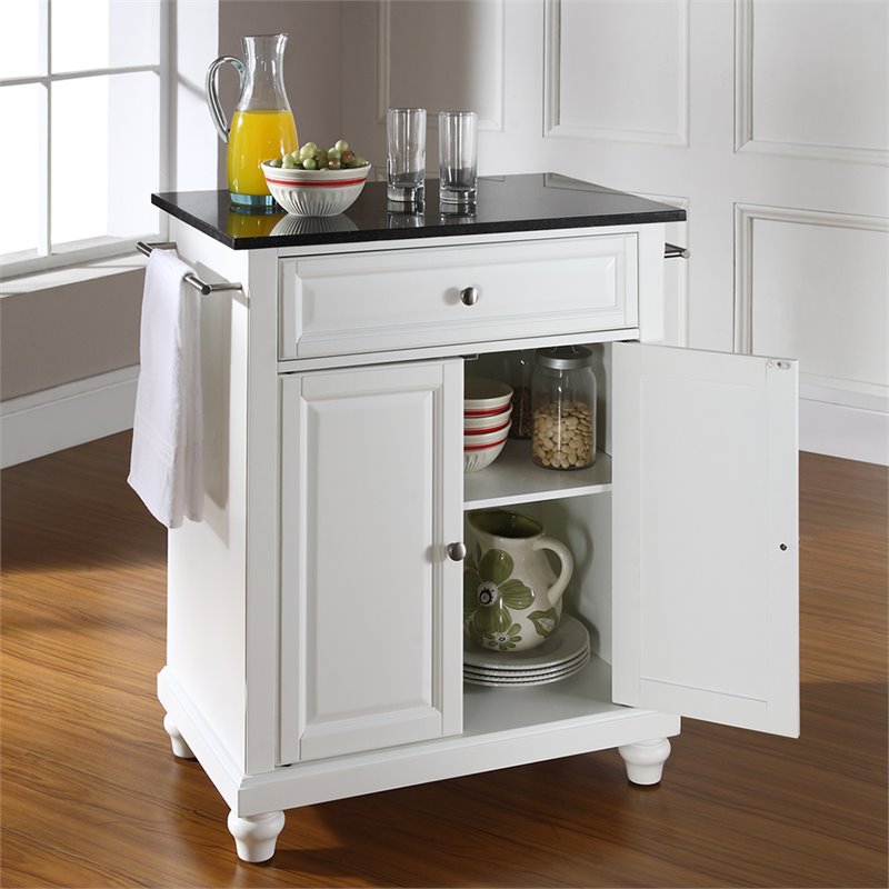 Pemberly Row Black Granite Top Portable Kitchen Island in White