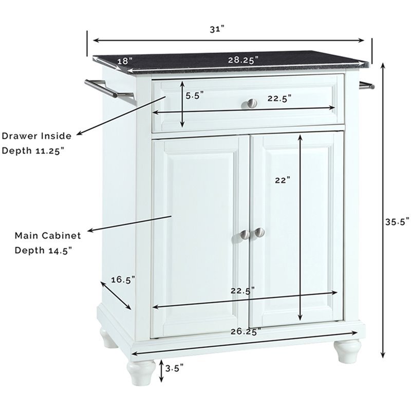 Pemberly Row Black Granite Top Portable Kitchen Island in White
