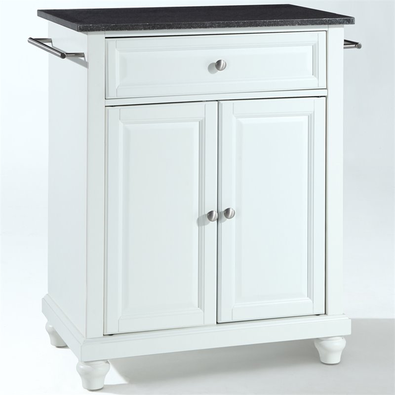 Pemberly Row Black Granite Top Portable Kitchen Island in White