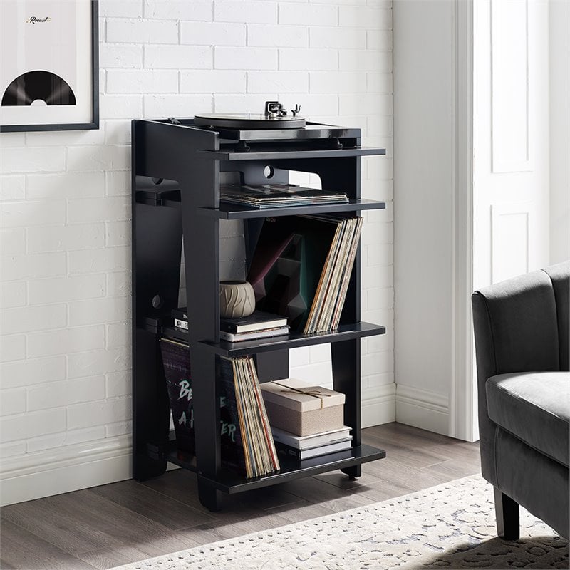 Pemberly Row Modern Wood Turntable Stand with Shelves in Black