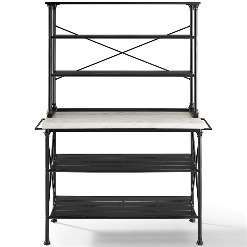 Pemberly Row 2-Piece Metal/Faux Marble Bakers Rack in Matte Black/White