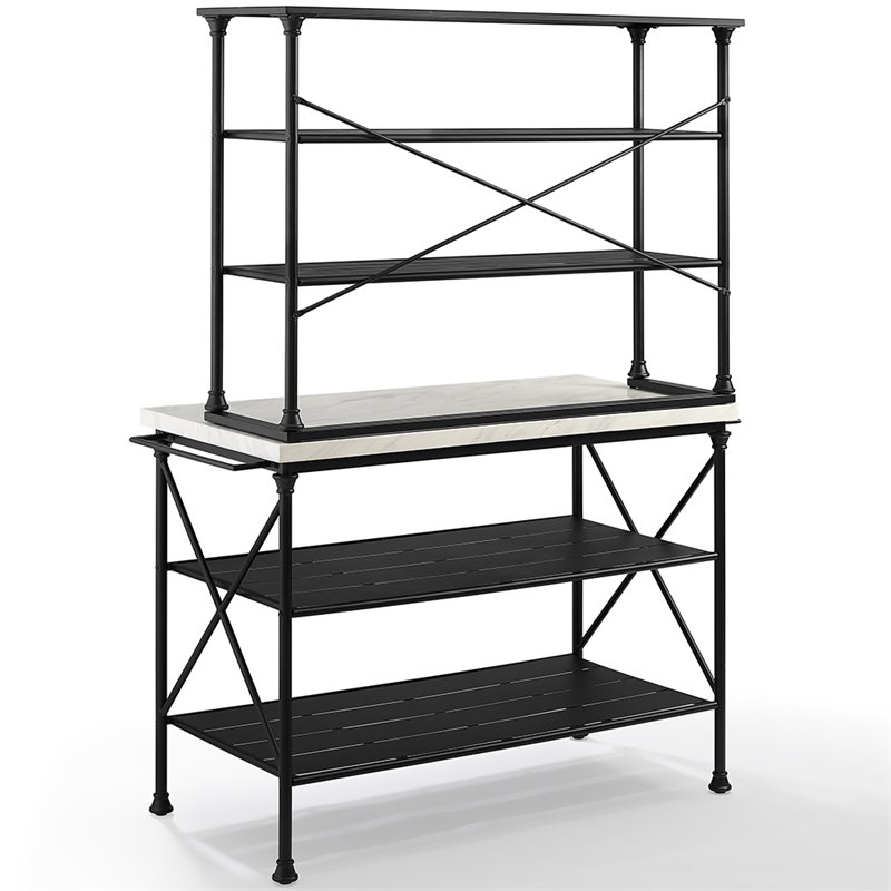 Pemberly Row 2-Piece Metal/Faux Marble Bakers Rack in Matte Black/White