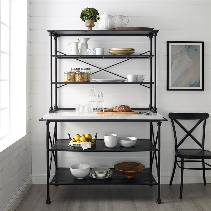 Pemberly Row 2-Piece Metal/Faux Marble Bakers Rack in Matte Black/White