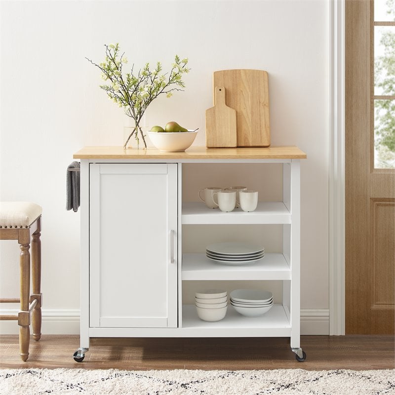 Pemberly Row 1-Door Modern Wood Kitchen Island in White/Natural
