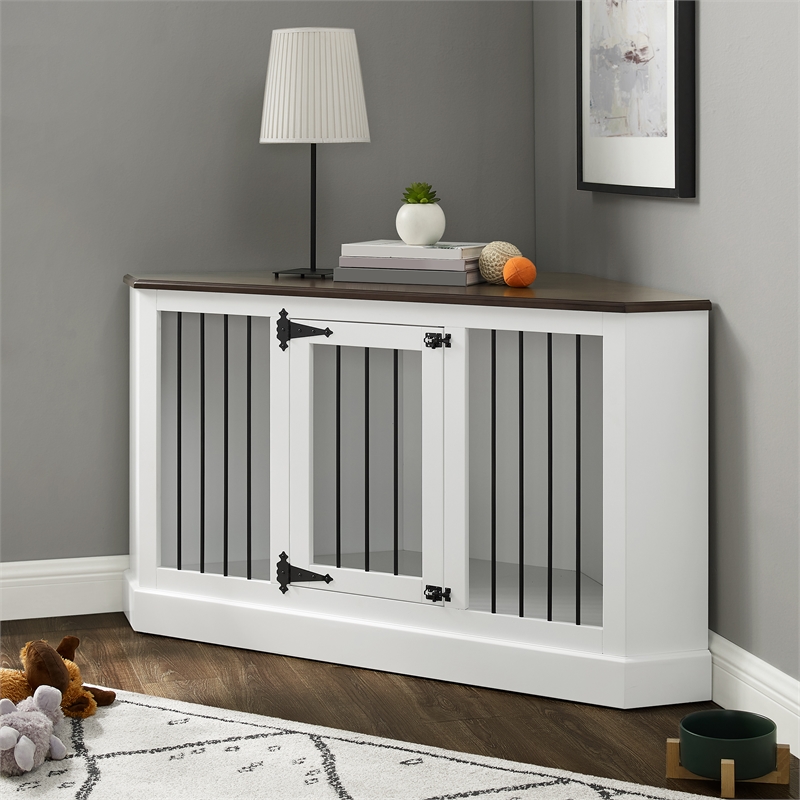 Pemberly Row Traditional Wood Corner Credenza Dog Crate in White/Dark Brown
