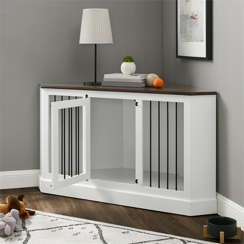Pemberly Row Traditional Wood Corner Credenza Dog Crate in White/Dark Brown