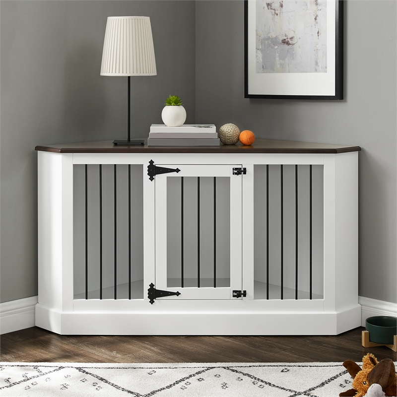 Pemberly Row Traditional Wood Corner Credenza Dog Crate in White/Dark Brown