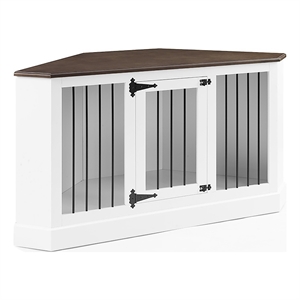 Pemberly Row Traditional Wood Corner Credenza Dog Crate in White/Dark Brown