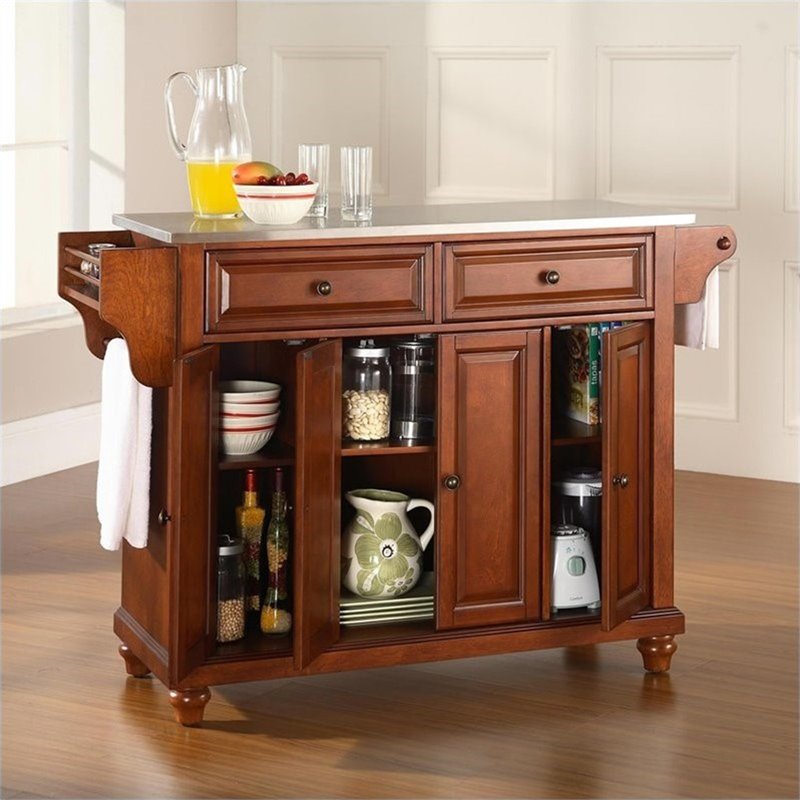 Pemberly Row Modern Stainless Steel Top Kitchen Island in Cherry