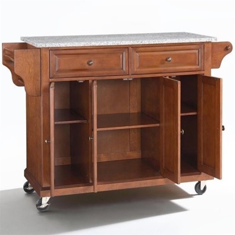Pemberly Row Contemporary Gray Granite Top Kitchen Cart in Cherry