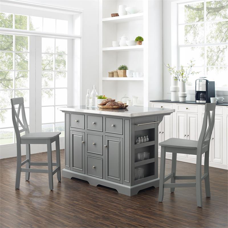 Pemberly Row 3-Piece Transitional Wood Kitchen Island Set in Gray
