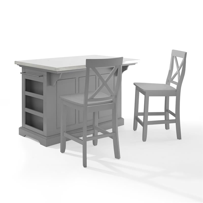 Pemberly Row 3-Piece Transitional Wood Kitchen Island Set in Gray