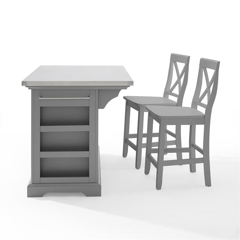 Pemberly Row 3-Piece Transitional Wood Kitchen Island Set in Gray
