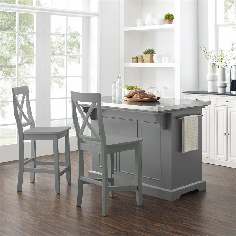 Pemberly Row 3-Piece Transitional Wood Kitchen Island Set in Gray