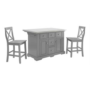 Pemberly Row 3-Piece Transitional Wood Kitchen Island Set in Gray