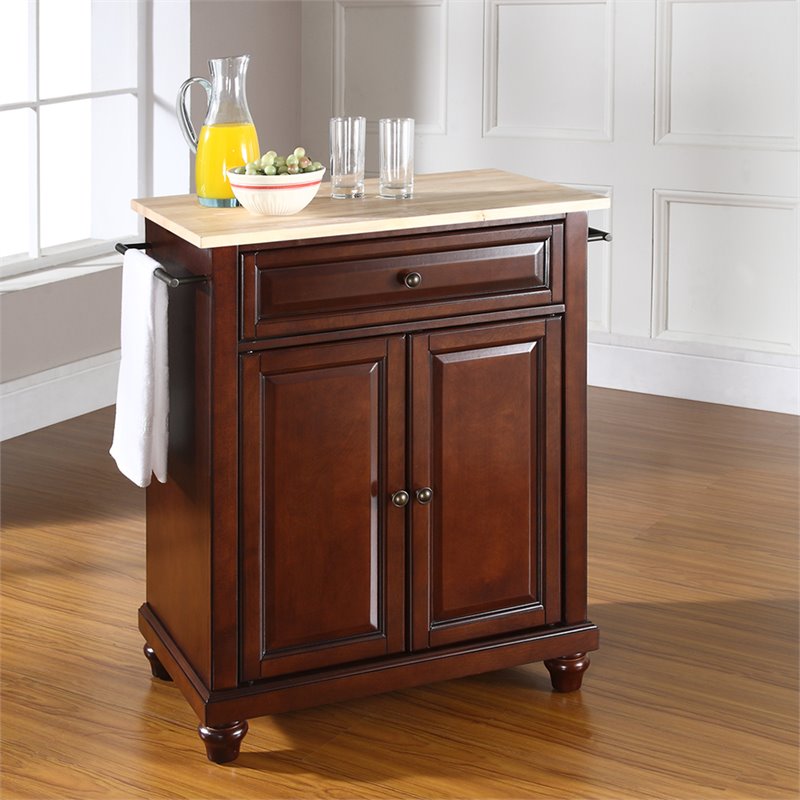 Pemberly Row Natural Wood Top Portable Kitchen Island in Mahogany