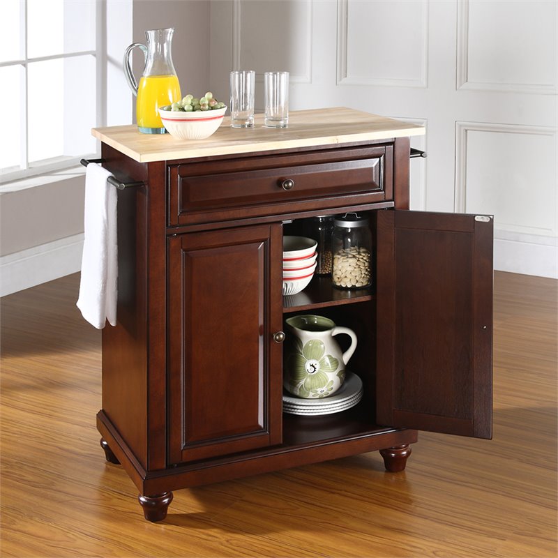 Pemberly Row Natural Wood Top Portable Kitchen Island in Mahogany