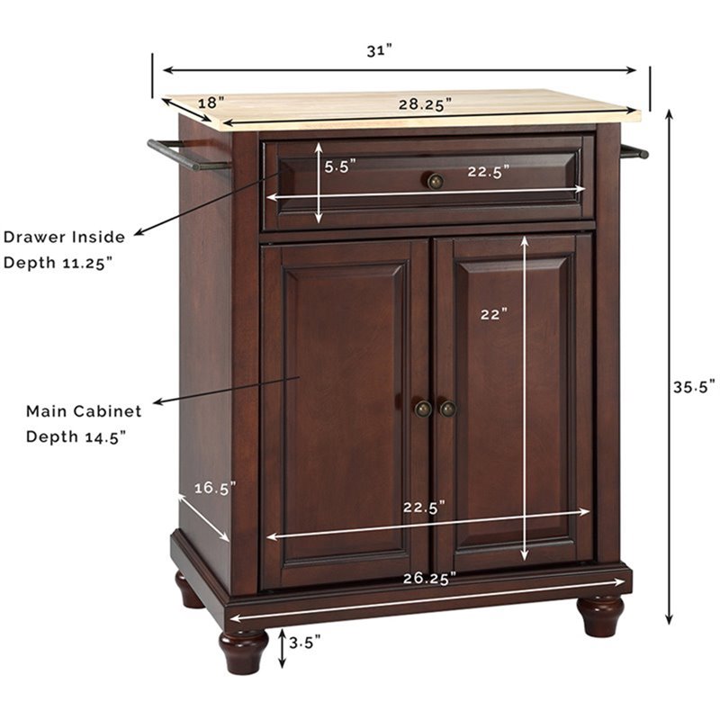 Pemberly Row Natural Wood Top Portable Kitchen Island in Mahogany