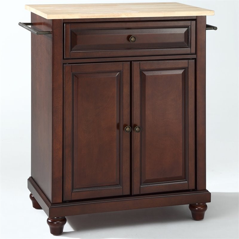 Pemberly Row Natural Wood Top Portable Kitchen Island in Mahogany