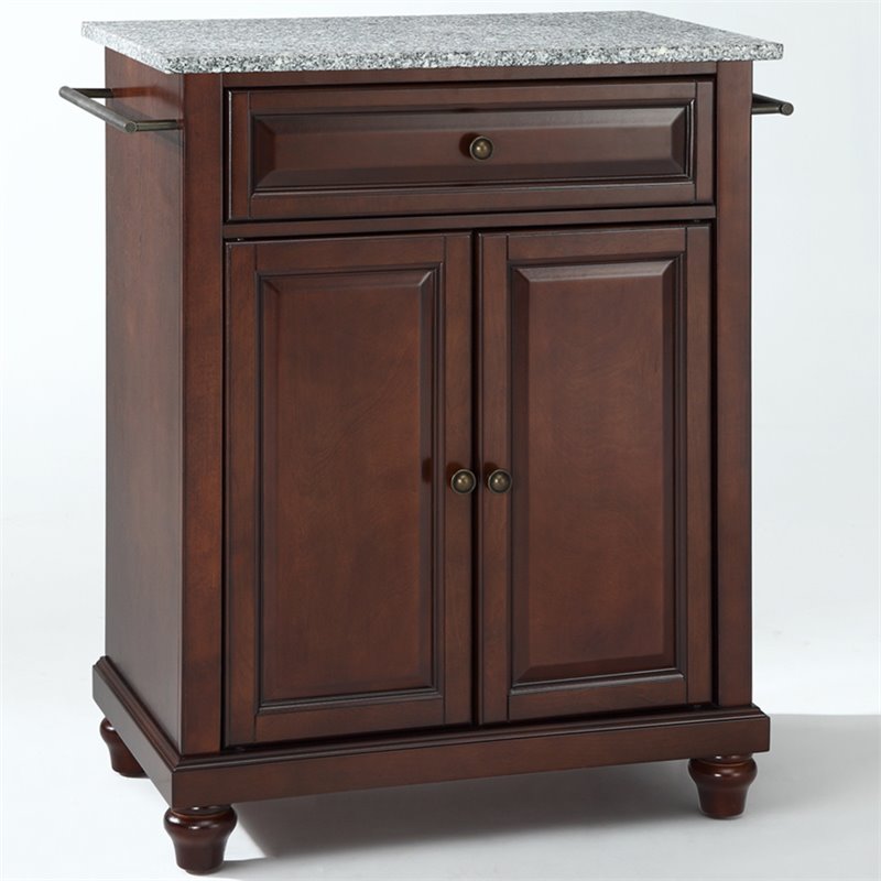 Pemberly Row Gray Granite Top Portable Kitchen Island in Mahogany