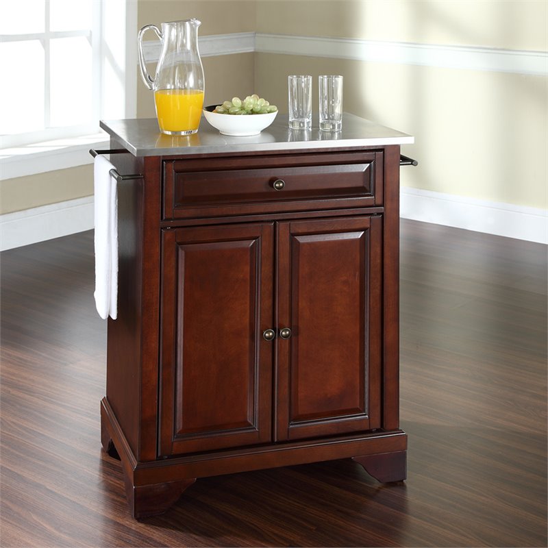 Pemberly Row Stainless Steel Top Portable Kitchen Island in Mahogany