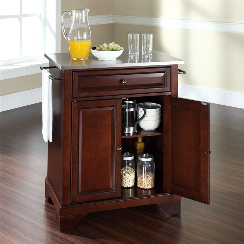 Pemberly Row Stainless Steel Top Portable Kitchen Island in Mahogany