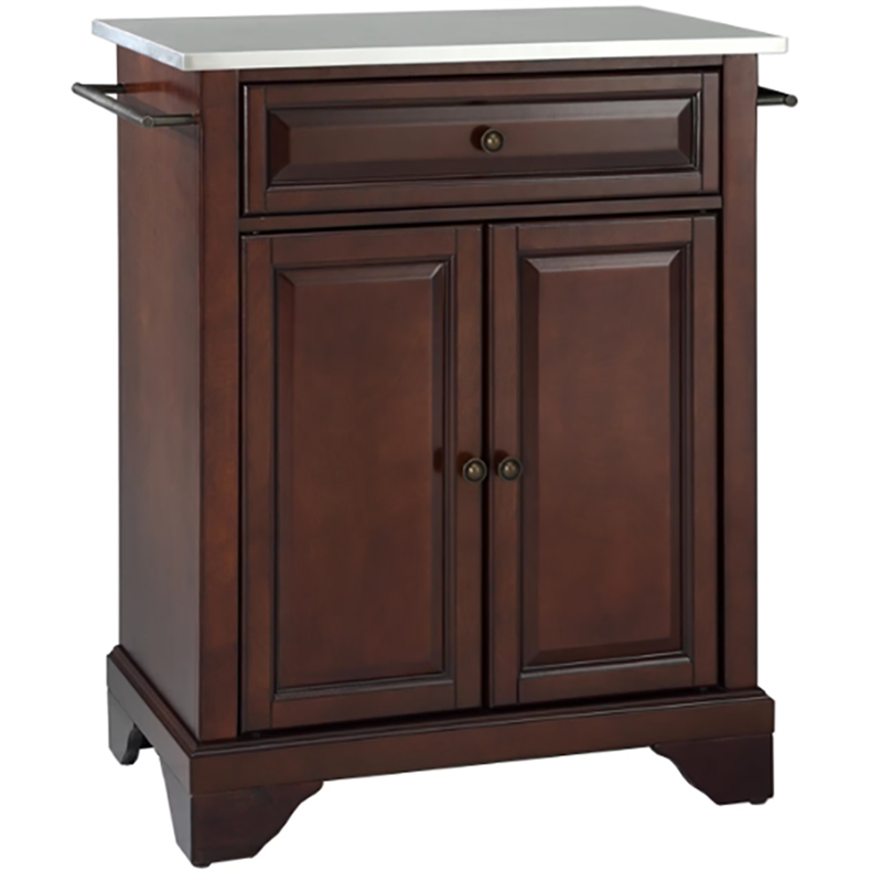 Pemberly Row Stainless Steel Top Portable Kitchen Island in Mahogany