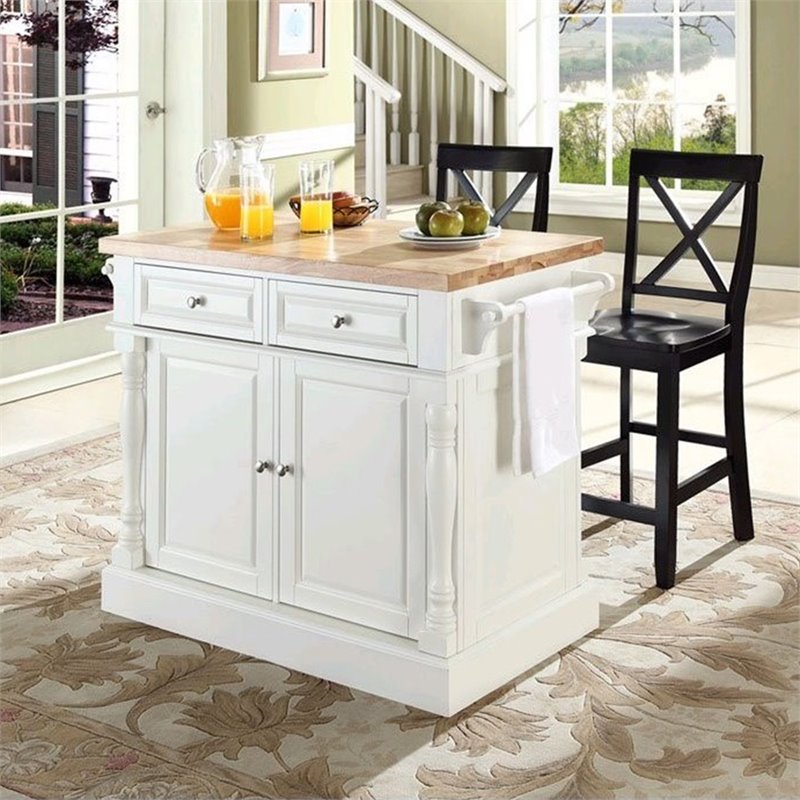 Pemberly Row Butcher Block Top Kitchen Island with X Back Stools in White