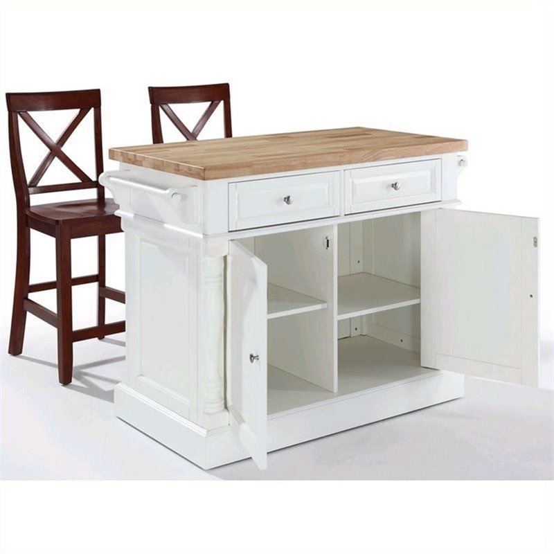 Pemberly Row Butcher Block Top Kitchen Island with X Back Stools in White