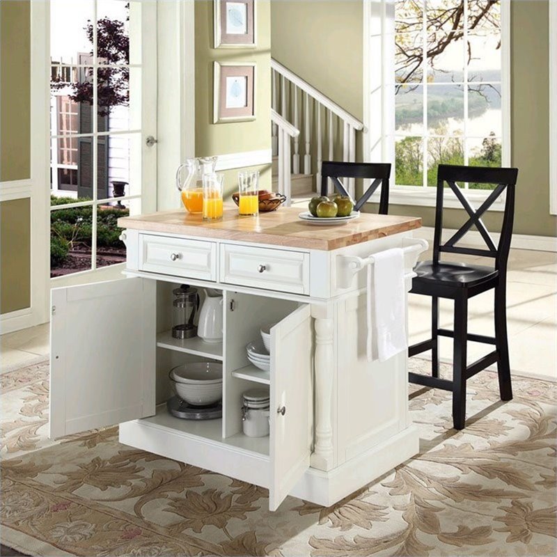 Pemberly Row Butcher Block Top Kitchen Island with X Back Stools in White