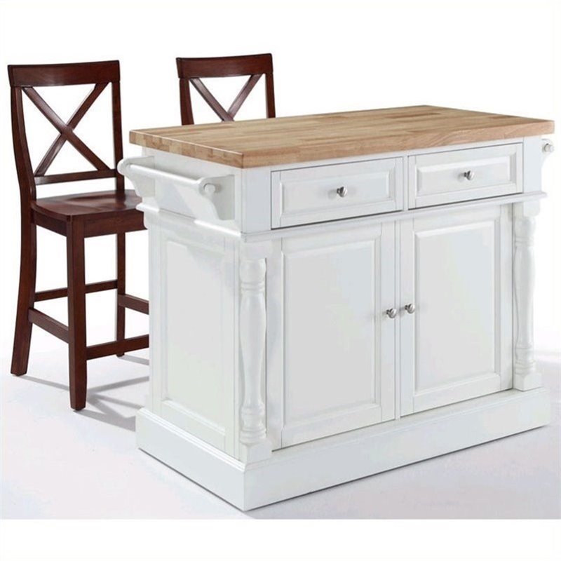 Pemberly Row Butcher Block Top Kitchen Island with X Back Stools in White