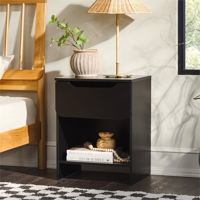 Pemberly Row Simple Modern 1-Drawer Wood Nightstand in Black