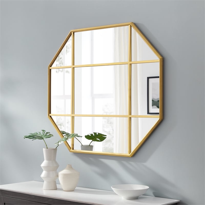 Pemberly Row Contemporary Metal and Glass Windowpane Mirror in Gold