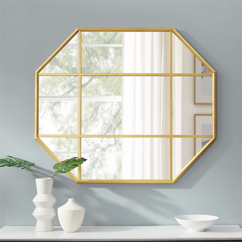 Pemberly Row Contemporary Metal and Glass Windowpane Mirror in Gold