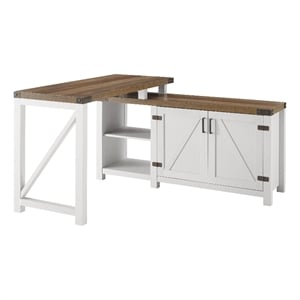 Pemberly Row 52&quot Barn Door Wood L Desk - Brushed White / Rustic Oak