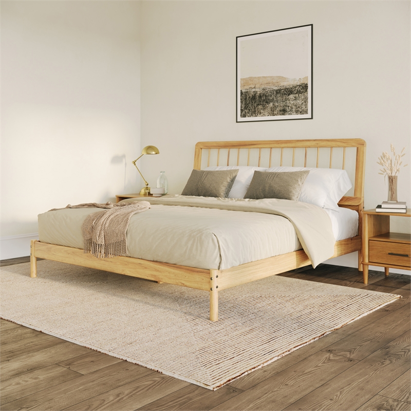 Pemberly Row Mid-Century Solid Wood King Size Bed with Slat Back in Natural