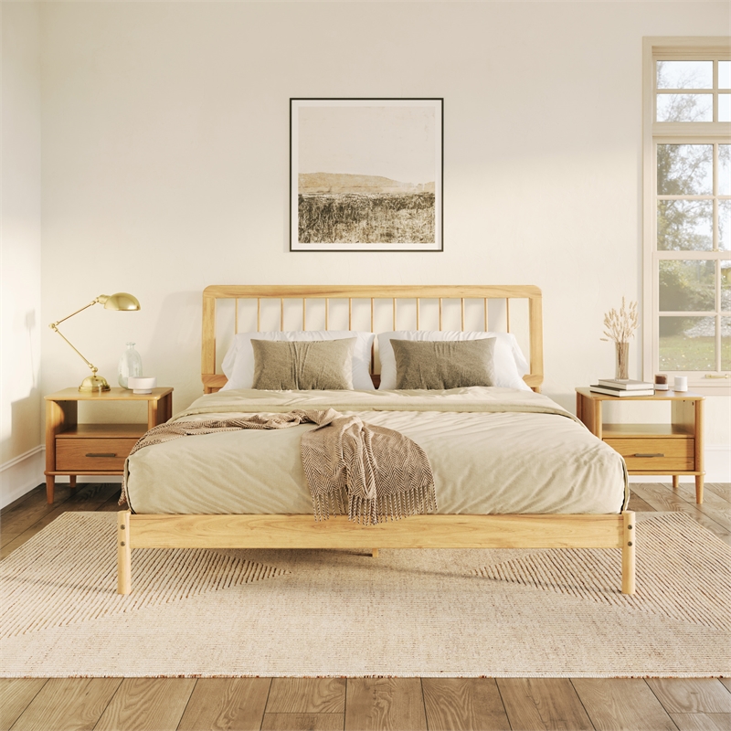 Pemberly Row Mid-Century Solid Wood King Size Bed with Slat Back in Natural