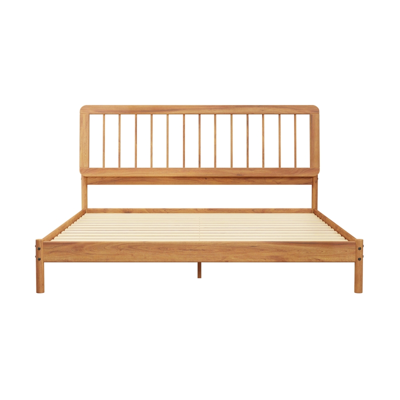 Pemberly Row Mid-Century Solid Wood King Size Bed with Slat-Back in Caramel