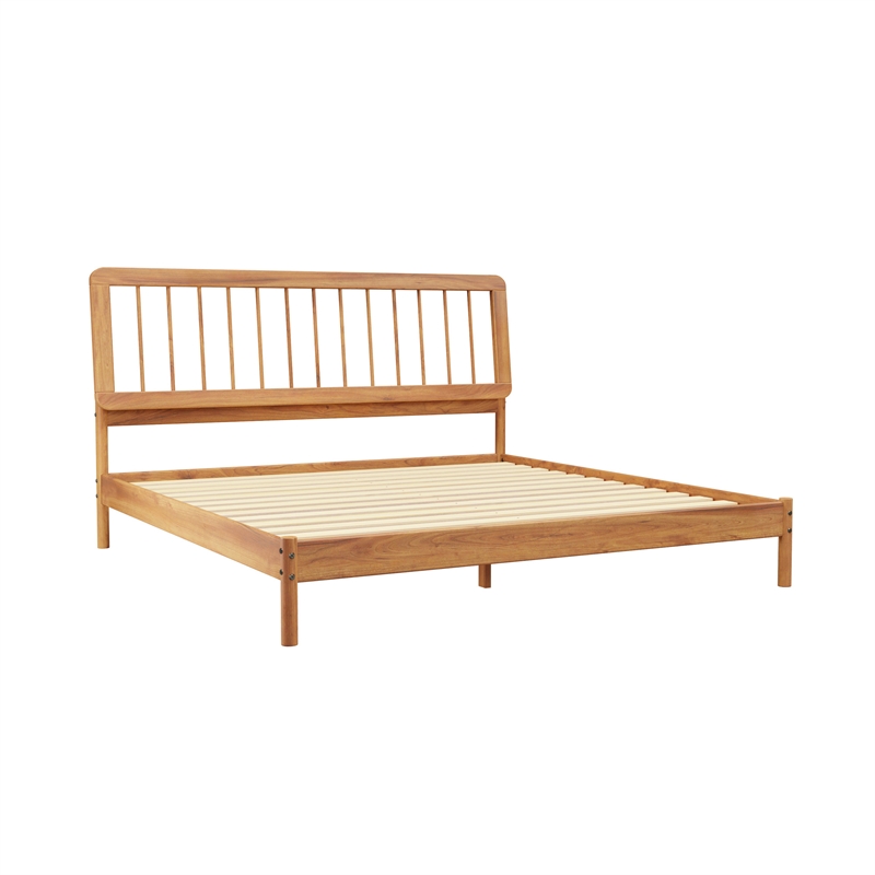Pemberly Row Mid-Century Solid Wood King Size Bed with Slat-Back in Caramel