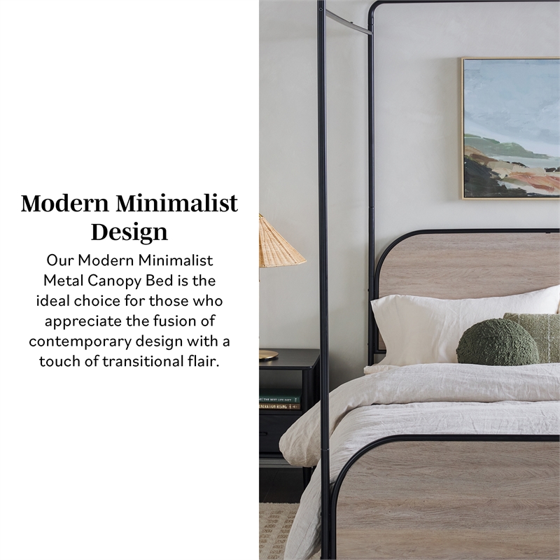 Pemberly Row Industrial Bent Mid-Century Metal Queen Size Canopy Bed in Oak