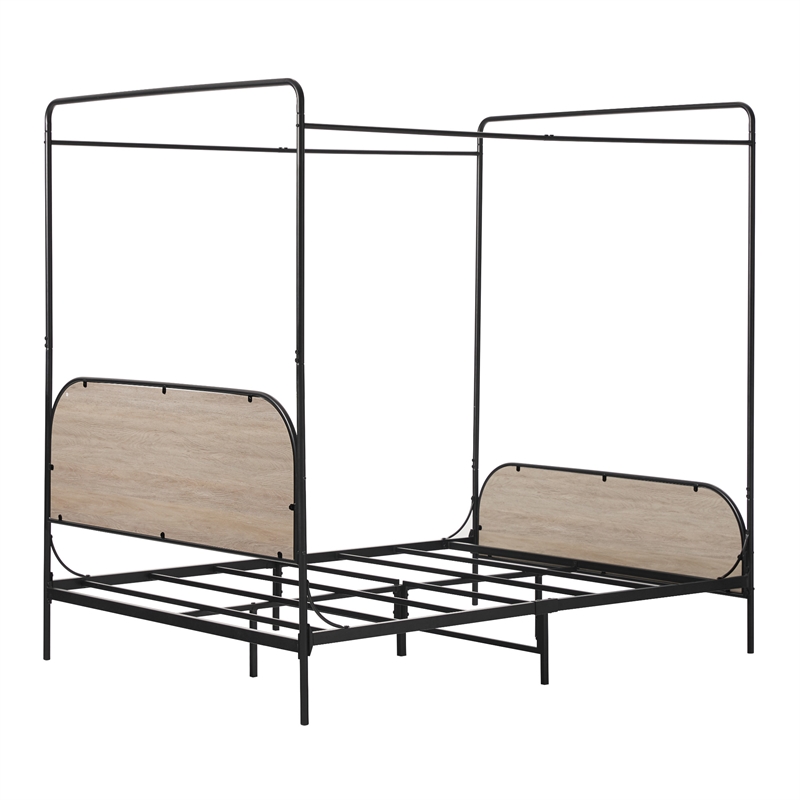 Pemberly Row Industrial Bent Mid-Century Metal Queen Size Canopy Bed in Oak